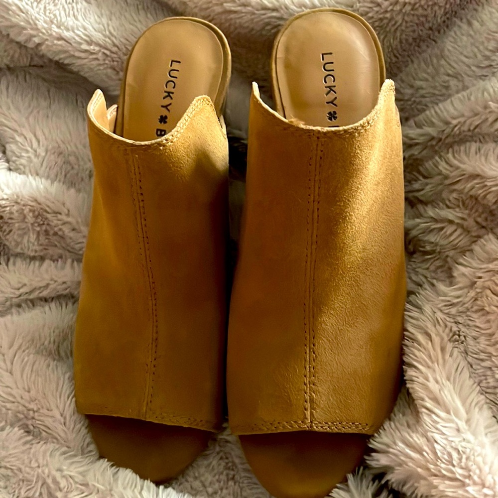 Lucky brand leather peep toe wedge mule heels